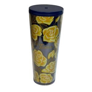 Starbucks Coffee Texas Yellow Navy Rose Flowers 24oz Tumbler w/o Straw EUC